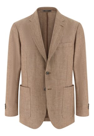 Pánské béžové sako s rybí kostí se zářezovými klopami, dvěma náprsními kapsami, dvouknoflíkovým zapínáním a manžetami na knoflíky.