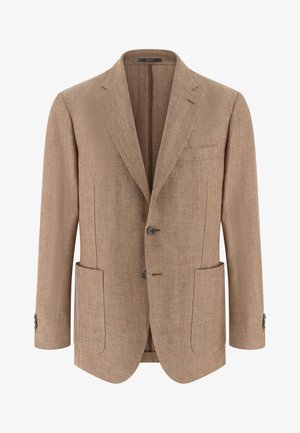 Pánské béžové sako s rybí kostí se zářezovými klopami, dvěma náprsními kapsami, dvouknoflíkovým zapínáním a manžetami na knoflíky.