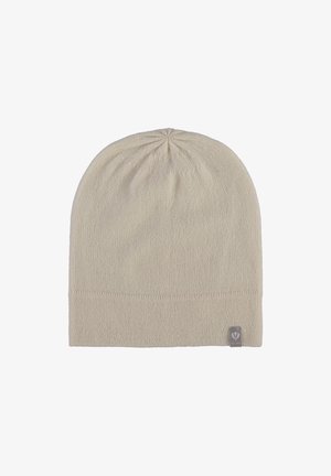 Beige gebreide muts met een gestructureerd oppervlak. Kenmerkt zich door een opgerolde zoom en een klein logo-patch aan de zijkant. Zacht, rekbaar materiaal.