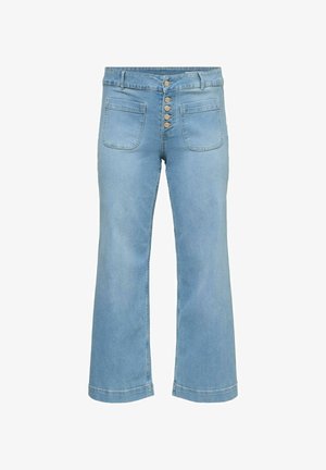 Jean évasé en denim bleu clair avec une taille haute, fermeture à cinq boutons et deux poches avant ; texture lisse et finition soignée.