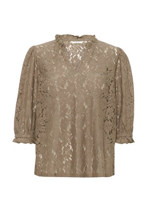 Lace blouse in soft taupe, featuring a V-neckline and puffed sleeves with gathered accents. Lightweight fabric with floral pattern design.