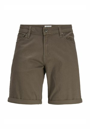 Pantalones cortos de algodón marrón con un dobladillo, que presentan un cierre de botón y bolsillos laterales para mayor funcionalidad. Textura suave y diseño sencillo.