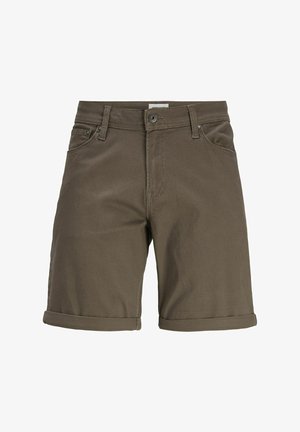 Rjavi bombažni šortsi z zloženim robom, opremljeni z gumbom in stranskimi žepi za funkcionalnost. Gladka tekstura in preprost dizajn.