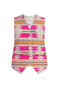 Vzorovaný sveter s svetlo béžovým pozadím, zdobený živými ružovými, oranžovými a tyrkysovými vzormi, tromi bielymi gombíkmi a došpicateným lemom.