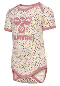 Kortärmad bodysuit i krämfärgad tyg med en flerfärgad prickmönster. Har en rosa krage och kant, samt en stor "hummel"-logotyp i rosa.