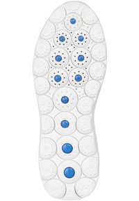 Biała gumowa podeszwa buta z okrągłym, teksturowanym wzorem. Posiada niebieskie okrągłe akcenty i małe perforacje dla lepszej wentylacji.