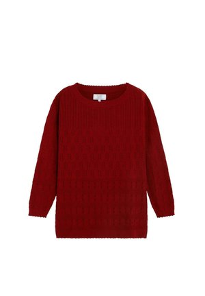 Jersey de punto rojo de manga larga con cuello redondo y patrón texturizado en todo el tejido, mostrado sobre un fondo blanco.