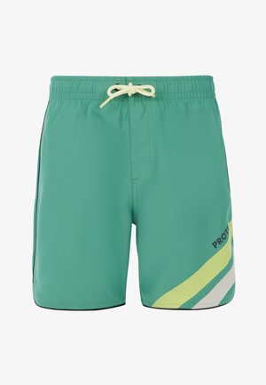 Turkio spalvos maudymosi šortai su elastiniu juosmeniu ir geltonu raiščiu. Yra įstrižos žalios ir baltos juostos, juodi akcentai ir logotipo detalė.