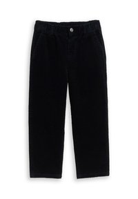 Pantalon en velours côtelé noir à coupe décontractée, avec une taille élastique, deux poches latérales et une texture côtelée verticale.