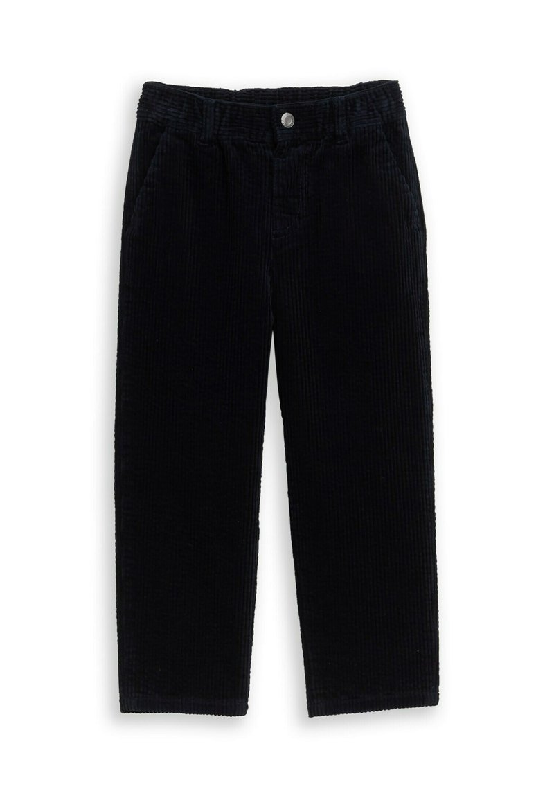 Pantalon en velours côtelé noir à coupe décontractée, avec une taille élastique, deux poches latérales et une texture côtelée verticale.