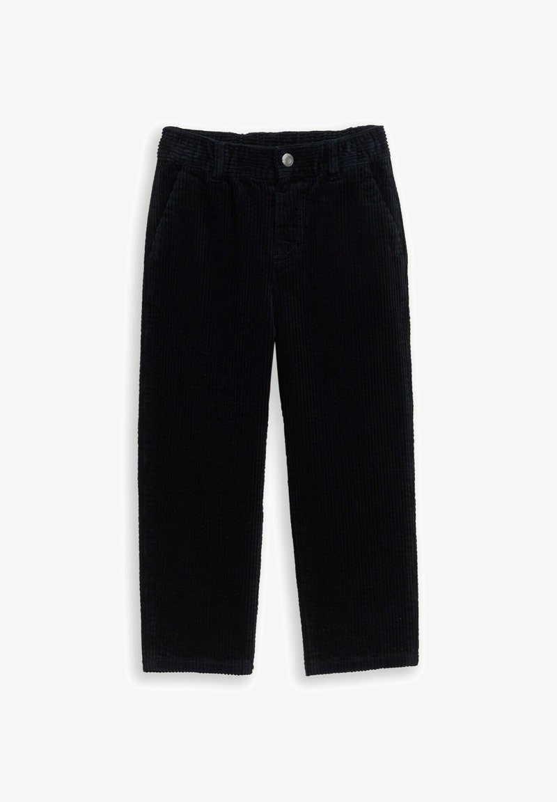 Pantalon en velours côtelé noir à coupe décontractée, avec une taille élastique, deux poches latérales et une texture côtelée verticale.