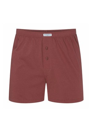 Burgundowe bawełniane szorty bokserskie z elastycznym pasem, dwoma zapięciami na guziki z przodu oraz gładką fakturą. Prosty design bez wzorów.