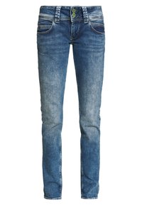 Jean en denim bleu avec une coupe slim, une texture délavée, deux poches avant et une fermeture à deux boutons avec des accents verts.