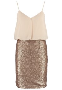 Layered dress featuring a light beige satin top and a fitted, sequined bronze skirt. Adjustable straps and a smooth, shiny texture.