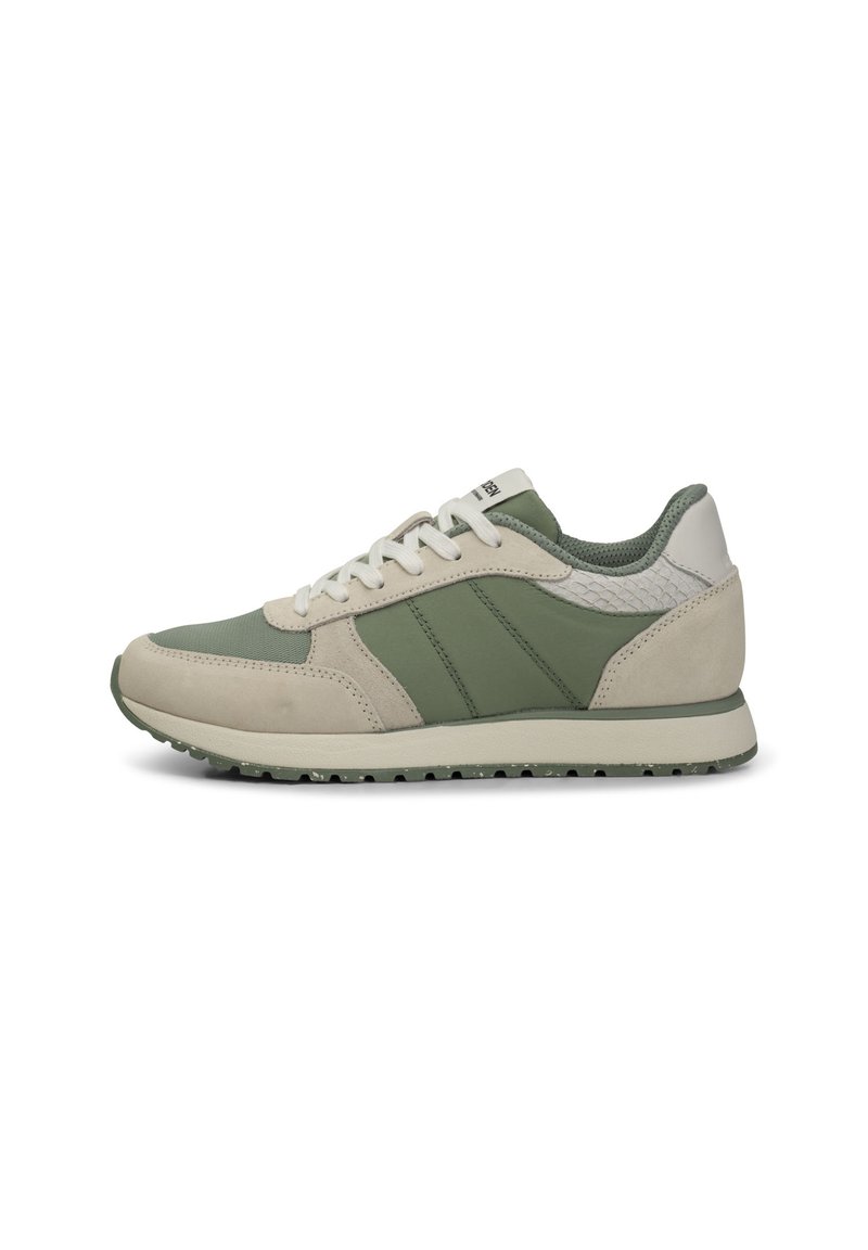 Athletic shoes in green and beige materials, featuring a textured upper, round toe, contrasting side stripes, and a durable rubber sole.