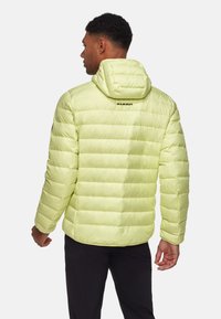 Limegrüner Daunenjacke mit horizontalen Steppnähten, Kapuze und Logo auf der Rückseite. Glatte, glänzende Textur, entworfen für Wärme.