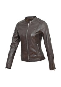 Hnědá kožená bunda s přiléhavým střihem, zapínáním na zip vpředu, dvěma bočními kapsami a stříbrnými akcenty. Hladká textura s jemnými švy.