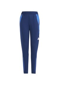 Pantalons de sport bleu marine avec des panneaux latéraux bleu clair, une taille élastique et des rayures verticales réfléchissantes près de la cheville.