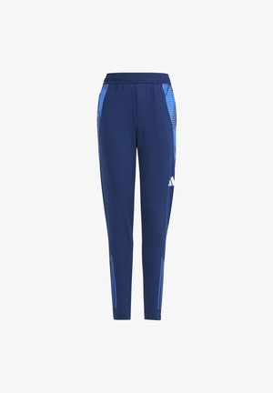 Marineblauwe sportbroek met lichtblauwe zijpanelen, een elastische tailleband en reflecterende verticale strepen nabij de enkel.