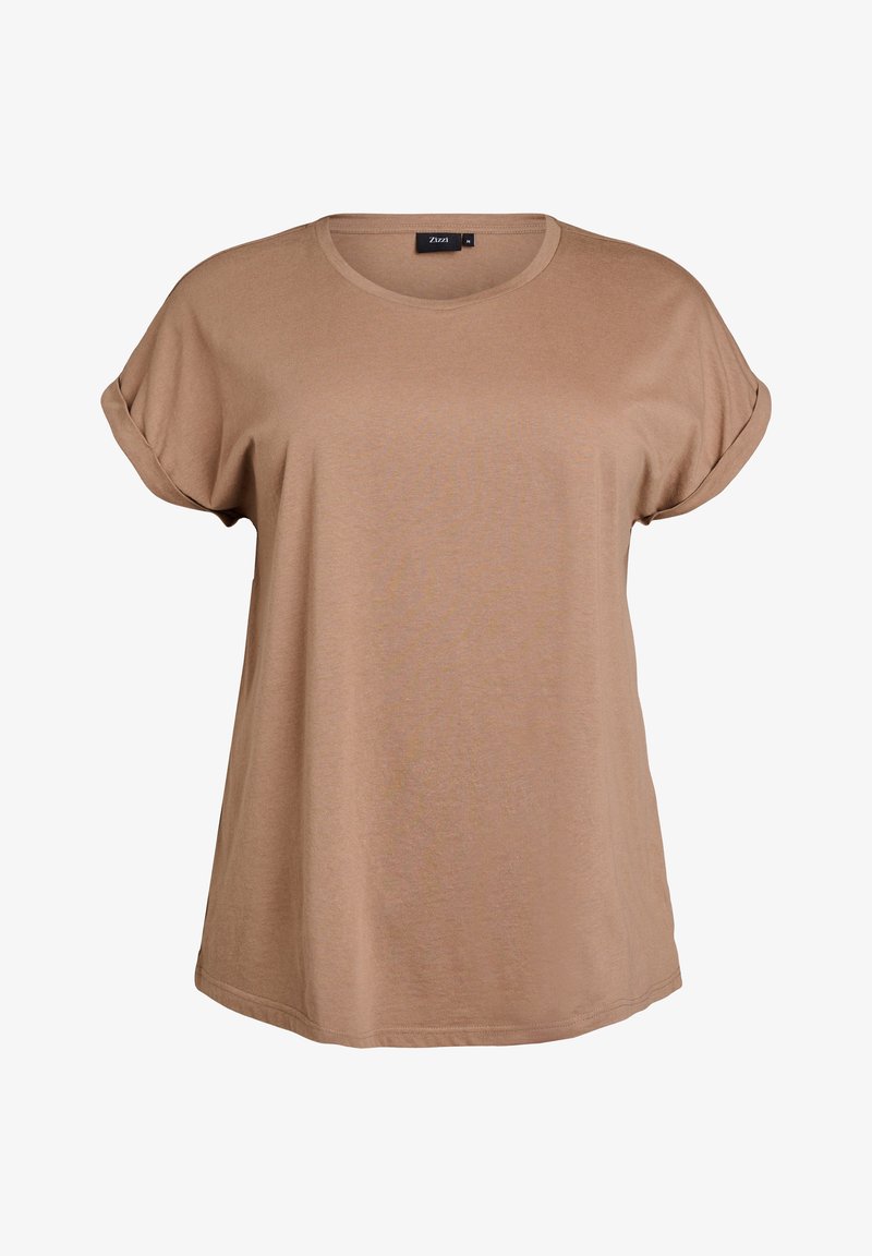 Braunes Baumwoll-T-Shirt mit Rundhalsausschnitt, kurzen aufgerollten Ärmeln und lockerer Passform. Glatte Textur mit einem lässigen Design.