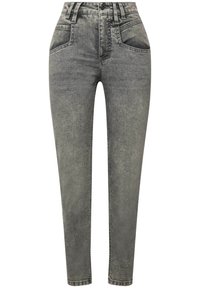 Jeans gris ajustados de mezclilla, con una cintura alta, cinco bolsillos, un ligero desgaste y detalles de costura visibles a lo largo de las costuras.