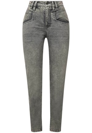 Strakke grijze jeans van denim, met een hoge taille, vijf zakken, subtiele vervaging en zichtbare stikseldetails langs de naden.