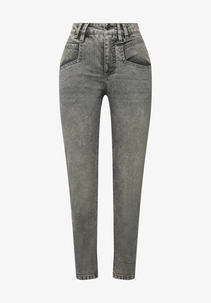 Strakke grijze jeans van denim, met een hoge taille, vijf zakken, subtiele vervaging en zichtbare stikseldetails langs de naden.