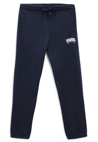 Navyblaue Jogginghose aus weichem Stoff mit einem Kordelzugbund, seitlichen Taschen und einem "VANS"-Logo auf dem linken Oberschenkel.