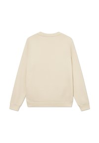 Creamowy sweatshirt, wykonany z miękkiego materiału, charakteryzuje się klasycznym okrągłym dekoltem, długimi rękawami oraz ściągaczami przy mankietach i u dołu, bez żadnych grafik.