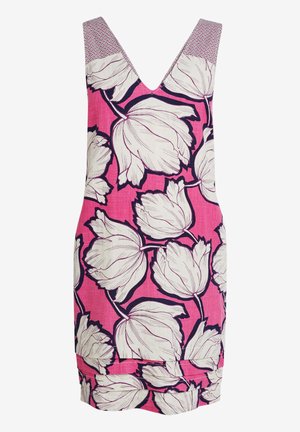 Sleeveless pink dress with deep V-neck and large white floral pattern outlined in dark purple.