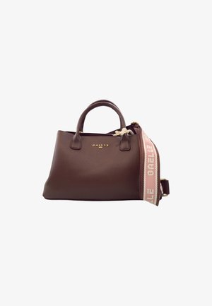 Borsa in pelle marrone con due manici e una tracolla rosa staccabile con la scritta "GAËLLE" in lettere bianche.