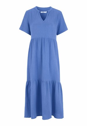 Blue short-sleeve midi dress with V-neckline, textured fabric, gathered waist, and tiered skirt.