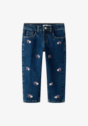 Jeans din denim albastru închis, cu croială dreaptă, având broderie florală în alb și roz dispersată pe material. Design standard cu cinci buzunare.