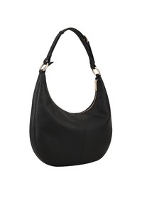 Zwarte leren hobo tas met een gebogen vorm, textuurafwerking en goudkleurige hardware. Beschikt over een ritssluiting en een verstelbare schouderband.