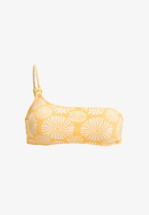 Rumena enostranska bikinka vrhnja, izdelana iz teksturirane tkanine, z belimi cvetličnimi vzorci in enim nastavljivim trakom.