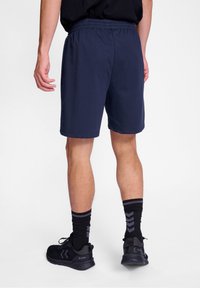Marineblauwe sportshorts met een elastische tailleband, een gladde textuur en een standaardlengte, gecombineerd met zwarte schoenen en gestreepte sokken.
