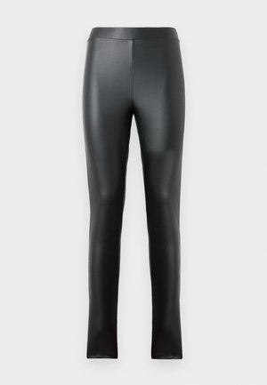 Schwarze Leggings aus glattem, glänzendem Material mit einem hohen Bund und einer taillierten Passform. Keine sichtbaren Nähte oder Verzierungen.