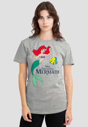 Gray t-shirt featuring The Little Mermaid design, with a red-haired mermaid and yellow fish graphic prominently displayed.