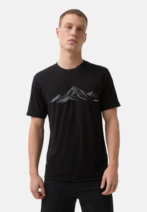 Schwarzes Kurzarm-T-Shirt aus leichtem Material mit einem grauen Berg-Graphic auf der Vorderseite. Runder Ausschnitt und lockere Passform.