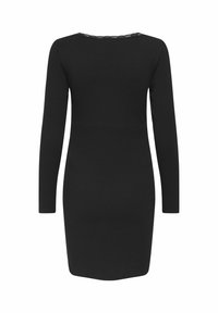 Robe noire côtelée, à manches longues, encolure ronde avec finitions en dentelle, silhouette ajustée, longueur genoux, design minimaliste.