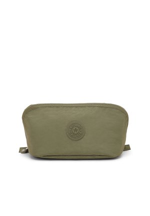 Pequeño bolso con cremallera de color verde oliva con un parche circular con el logotipo de Kipling en el frente y tiradores de tela en cada lado.