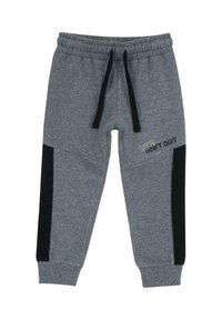 Grå sweatpants i bomullsblandning, med svarta detaljer på sidorna, resårmidja och tryckt text i grönt och svart.