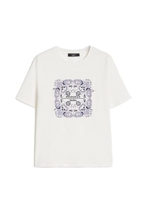 T-shirt bianca a maniche corte con stampa centrale quadrata con motivo paisley e floreale blu navy, con le parole "WEEKEND MaxMara."