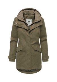 Olive-green wool blend coat with a detachable hood, two front pockets, buttoned cuffs, and insulated lining. Features a central zipper closure.