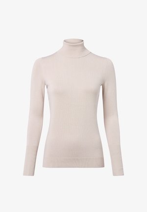 Helles beiges Rollkragensweatshirt aus glattem Strickstoff mit langen Ärmeln und Rippakzenten am Halsausschnitt und den Bündchen.
