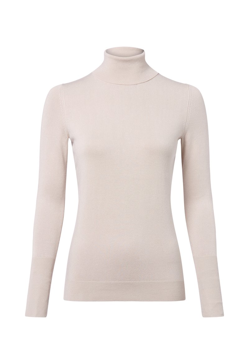 Helles beiges Rollkragensweatshirt aus glattem Strickstoff mit langen Ärmeln und Rippakzenten am Halsausschnitt und den Bündchen.