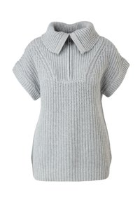 Ljusgrå stickad tröja med bred krage, korta ärmar och halv dragkedja. Har ribbade och strukturerade mönster genom hela tröjan.