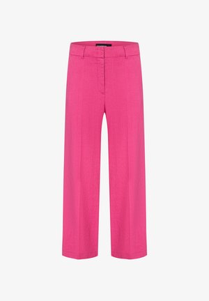 Bright pink straight-leg trousers with belt loops, concealed front zip, and a mid-rise waist.