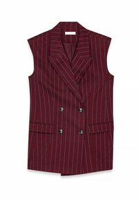 Burgundijska brezrokavna blazer jakna s pindotnim vzorcem, dvorednim zapenjanjem, velikimi reverji in dvema sprednjima žepoma. Gladek material s prilagojenim krojem.
