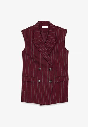Blazer sin mangas burdeos con patrón de rayas, frente de doble botonadura, grandes solapas y dos bolsillos frontales. Tejido suave con un corte entallado.
